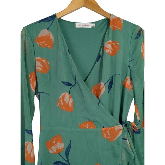 All In Favor Wrap Mini Dress Womens S Green Floral Long Sleeve Feminine Flirty - Picture 4 of 14
